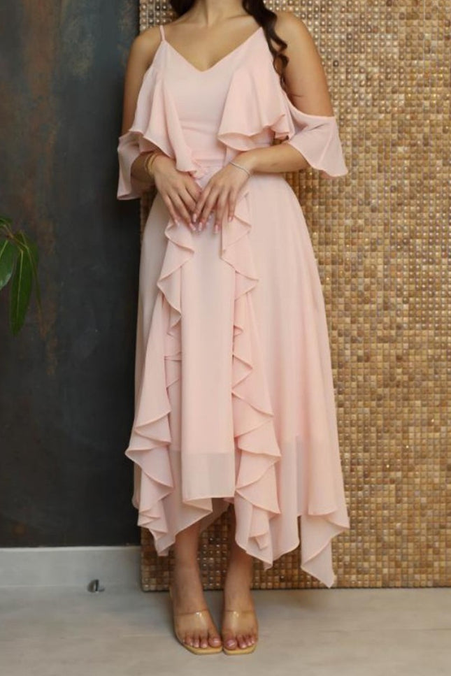 Onbely mi-longue robe irrégulière unicolore à fines brides col en V mode