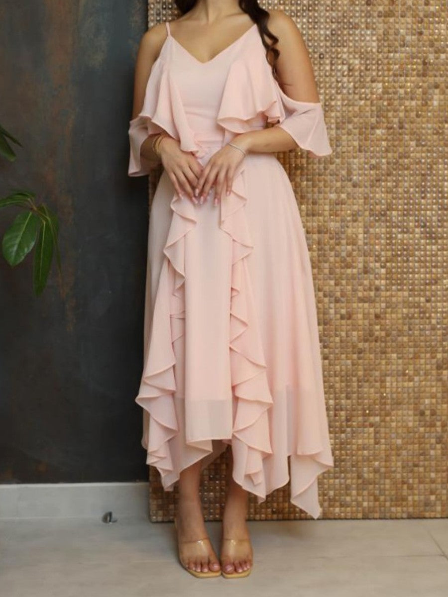 Onbely mi-longue robe irrégulière unicolore à fines brides col en V mode