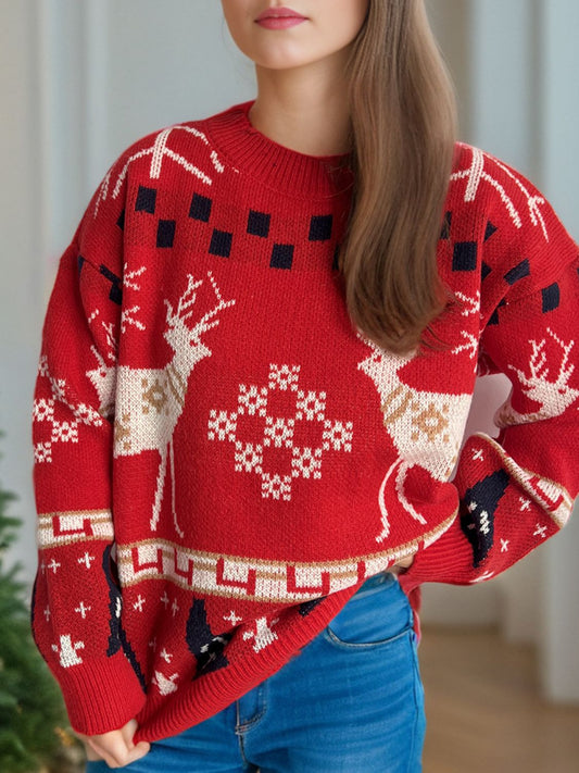 Pull de Noël à col rond et manches longues avec motif de renne