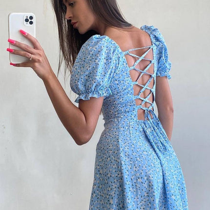 Onbely robe courte trapèze fleurs dos nu col carré manches bouffantes manches courtes taille marquée doux tous les jours vacances