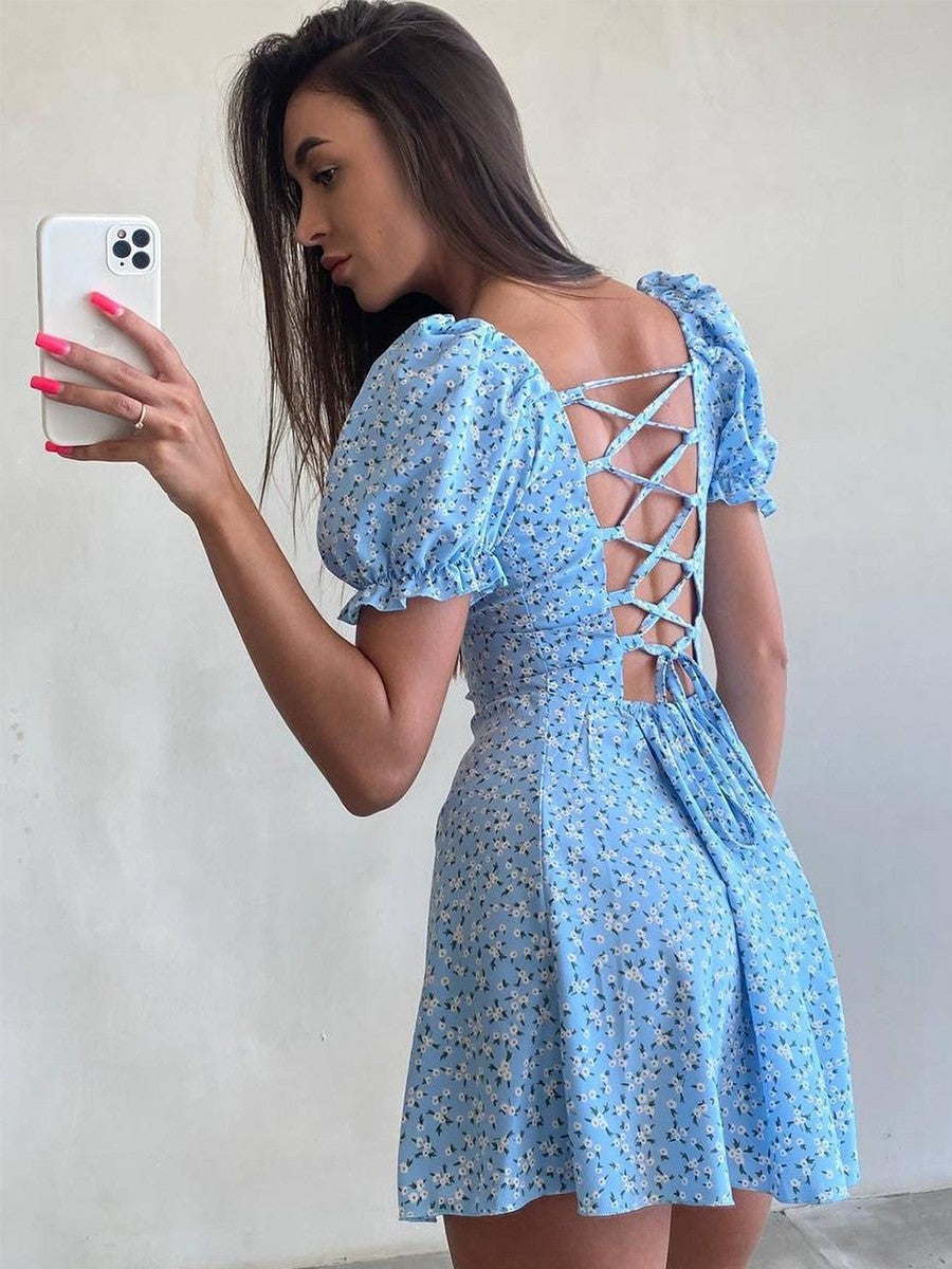Onbely robe courte trapèze fleurs dos nu col carré manches bouffantes manches courtes taille marquée doux tous les jours vacances