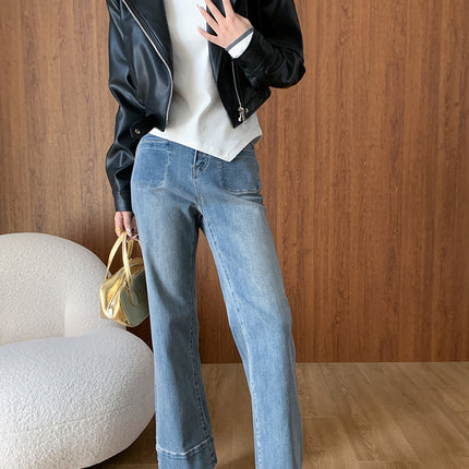 Onbely Jeans Flare Évasé avec Poches et Fermeture Éclair pour Femme Style Mode