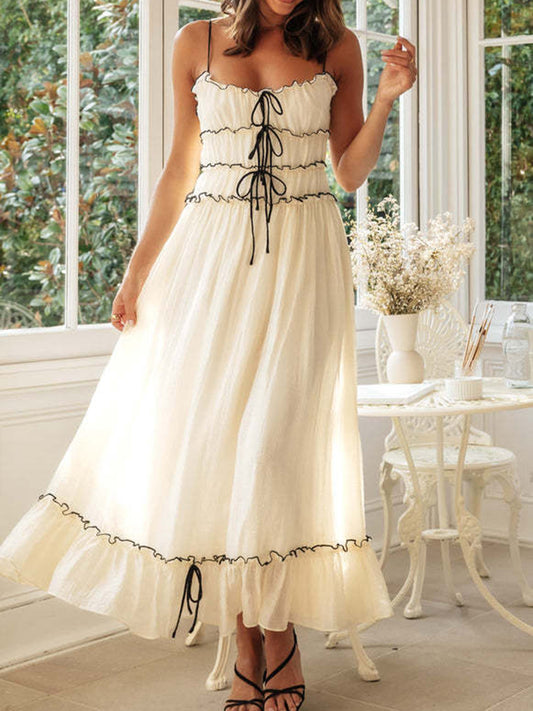 Onbely robe de soirée longue à fines brides avec liseré contrastant pour bal de promo et vacances