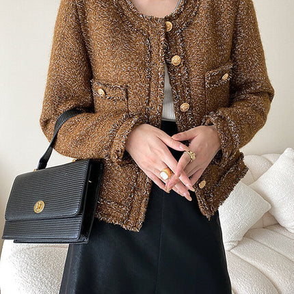 Onbely veste courte en tweed boutonnage avec poches col rond femme mode