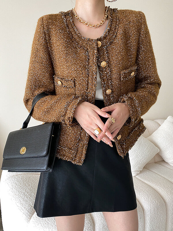 Onbely veste courte en tweed boutonnage avec poches col rond femme mode