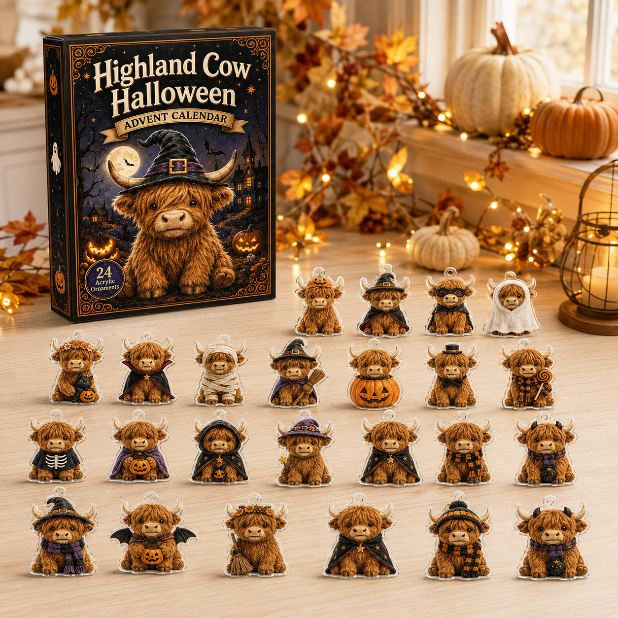 Highland Cow Halloween Advent Calendar 2026 - 24-Day Festive Countdown, Acrylic Charms Blind Box - Gift For Cute Collectors
