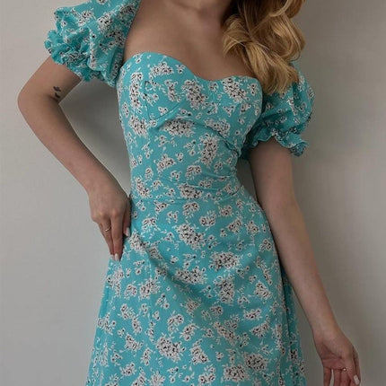 Onbely robe courte trapèze fleurs dos nu col carré manches bouffantes manches courtes taille marquée doux tous les jours vacances