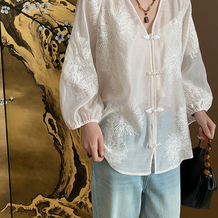 Onbely blouse 2-In-1 bouton chinois à nœud brodée