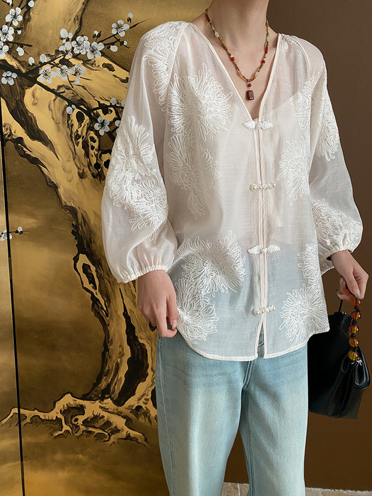 Onbely blouse 2-In-1 bouton chinois à nœud brodée