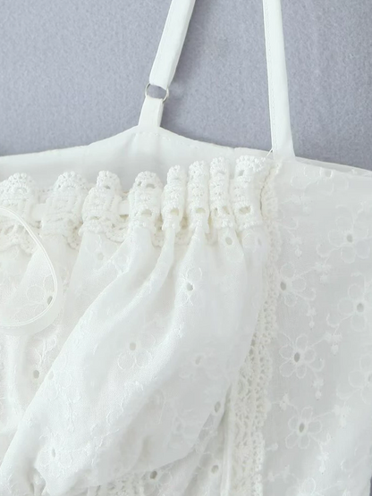 Onbely Robe Courte trapèze broderie anglaise strappy à fines brides blanc