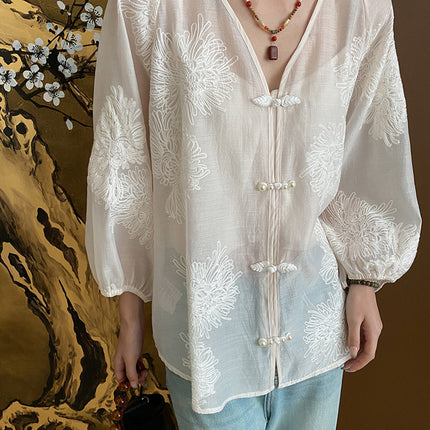 Onbely blouse 2-In-1 bouton chinois à nœud brodée