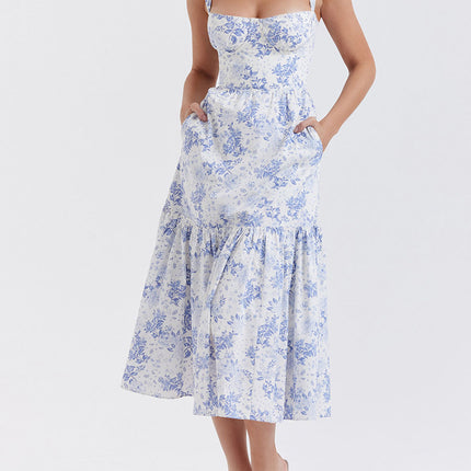 Onbely robe de soirée Mi-Longue Imprimée à Fleurs à Fines Brides pour Bal de Promo