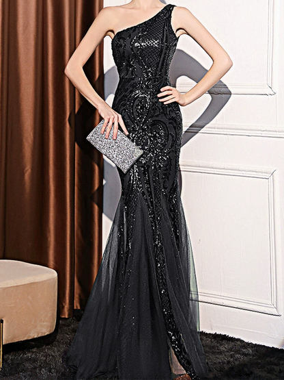 Onbely robe de soirée longue moulante sirene brillante paillette une épaule élégant