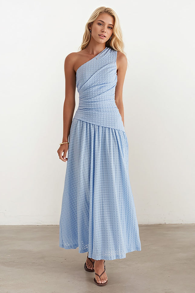 Onbely robe longue trapèze  unicolore    une épaule col asymétrique  taille marquée mode élégant tous les jours bureau boho dress