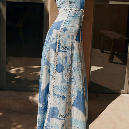 Onbely robe longue trapèze imprimé floral fermeture éclair dos nu à fines brides col bateau décontractée mode tous les jours vacances boho dress