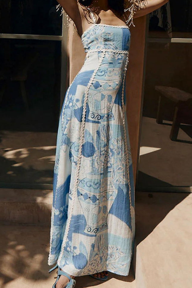 Onbely robe longue trapèze imprimé floral fermeture éclair dos nu à fines brides col bateau décontractée mode tous les jours vacances boho dress