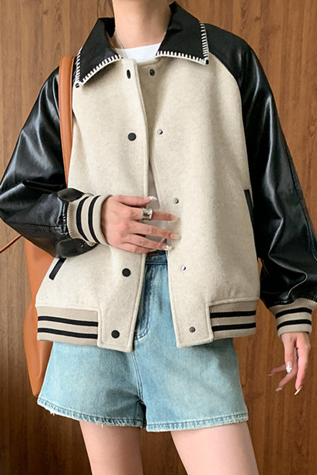 Onbely veste en laine simili cuir couleur bloc femme mode