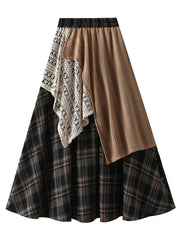 Onbely Vintage Women's Long Lace Plaid Skirt