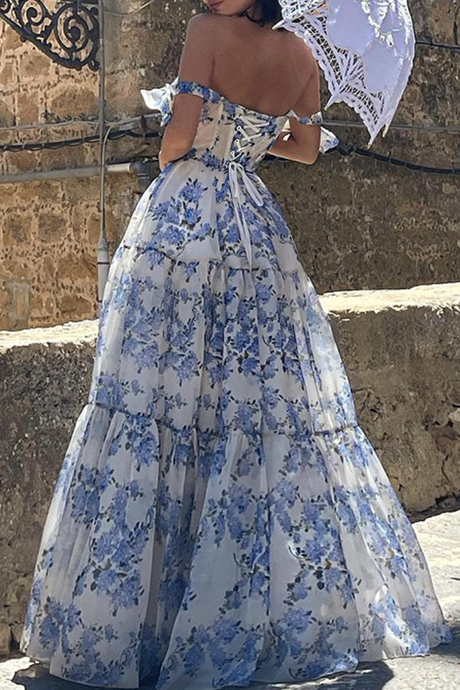 Onbely robe maxi longue organza imprimé à fleurie bal de promo - onbely