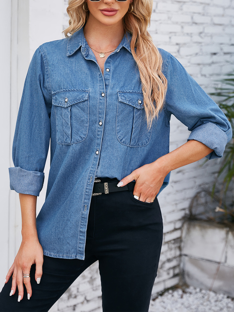 Onbely Casual Long Sleeve Denim Shirt with Pockets