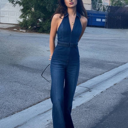 Onbely combinaisons femme en jean v cou sans manches élégant vintage mode casual