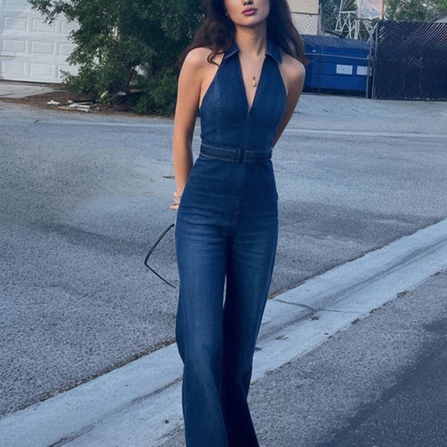 Onbely combinaisons femme en jean v cou sans manches élégant vintage mode casual