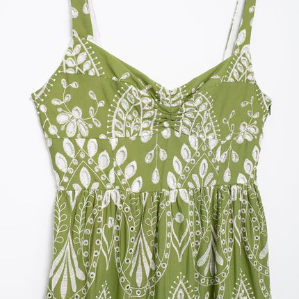 Onbely robe de soirée longue brodée motif cachemire vert sans manches à fines brides pour bal et plage -boho dress
