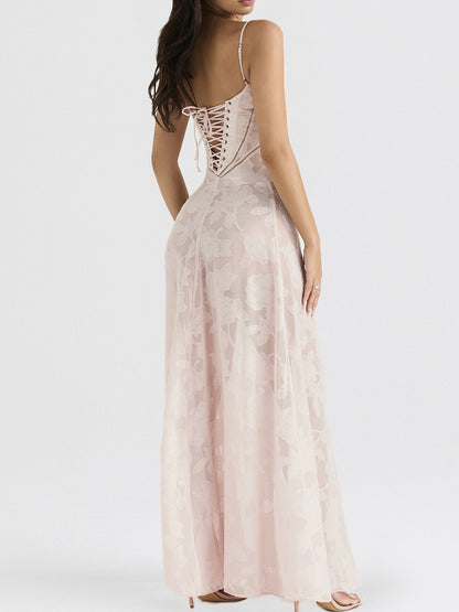 Onbely robe de soirée longue élégante à fines brides en jacquard pour un mariage femme cérémonie