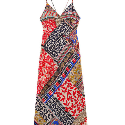 Onbely robe longue trapèze imprimé à fleurie dos nu à fines brides col en V mode vacances plage