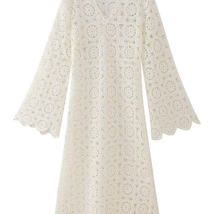 Onbely robe longue trapèze unicolore dentelle brodée col en V manches trompette manches longues mode tous les jours bureau