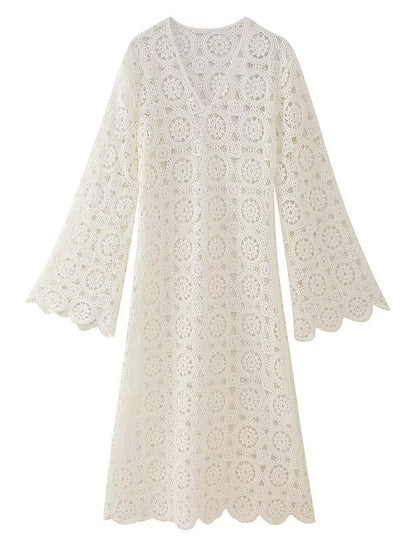 Onbely robe longue trapèze unicolore dentelle brodée col en V manches trompette manches longues mode tous les jours bureau