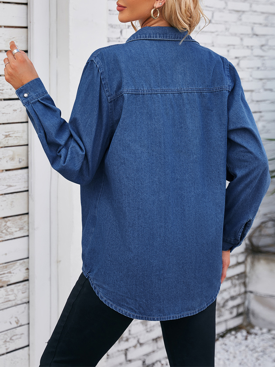 Onbely Casual Long Sleeve Denim Shirt with Pockets