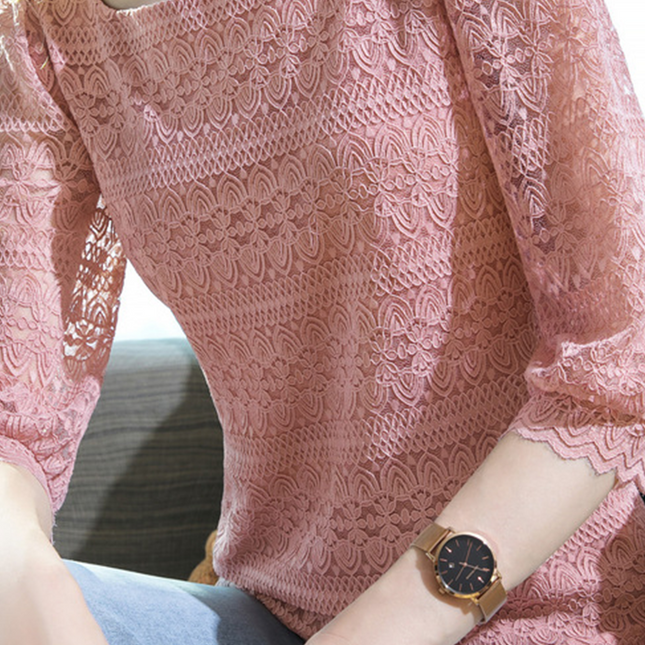 Onbely haut en dentelle col carré manches au coude femme élégant