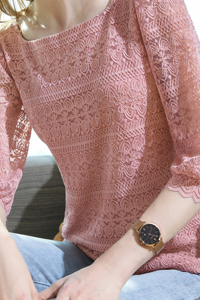 Onbely haut en dentelle col carré manches au coude femme élégant