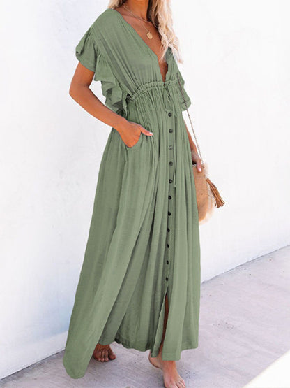 Onbely robe longue décolleté plongeant volants superposés manches courtes coulisse taille hawaienne vacances plage Protection solaire