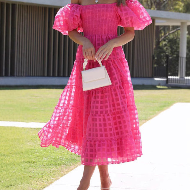 Onbely mi-longue robe carreaux col bateau manches bouffantes cocktail