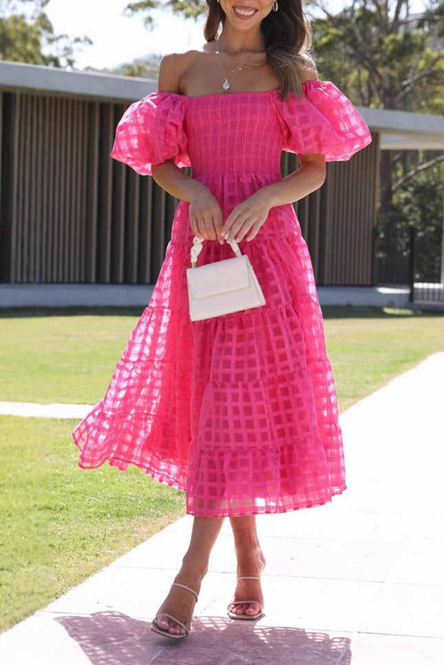 Onbely mi-longue robe carreaux col bateau manches bouffantes cocktail