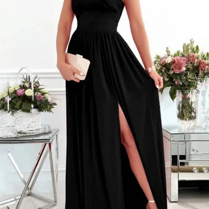 Onbely robe longue fluide fendue sur le côté col licou dos nu bretelles col en V sans manches femme élégante soirée bal de promo cérémonie