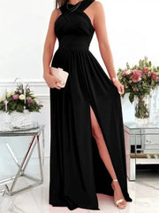 Onbely robe longue fluide fendue sur le côté col licou dos nu bretelles col en V sans manches femme élégante soirée bal de promo cérémonie