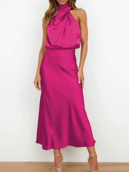 Onbely mi-longue robe unicolore satin sans manches taille haute élégant invité mariage