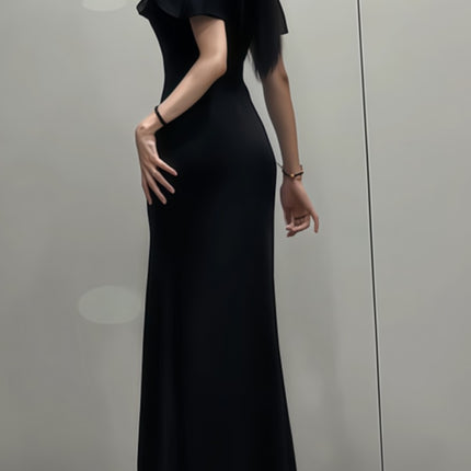 Onbely robe longue fendu col bateau élégant mode soirée noir