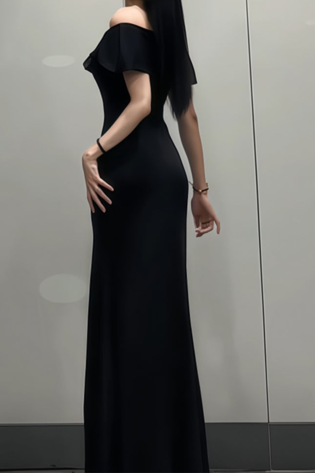 Onbely robe longue fendu col bateau élégant mode soirée noir