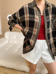 Onbely Casual Loose Plaid Cotton Long Sleeve Shirt for Sun Protection