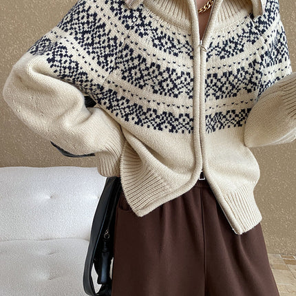 Onbely pull jacquard fermeture éclair pour femme vintage noël