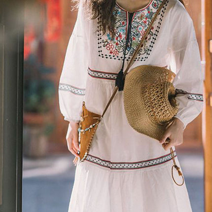 Onbely robe longue brodée bohème casual à manches longues col carré pour vacances et plage boho dress