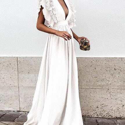 Onbely Robe de soirée longue et maxi à volants décolleté plongeant pour un mariage