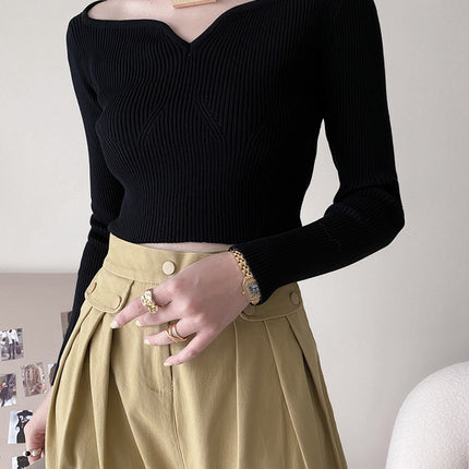 Onbely Haut Femme Manches Longues Col Bateau Mode Tricot Côtelé Automne Printemps