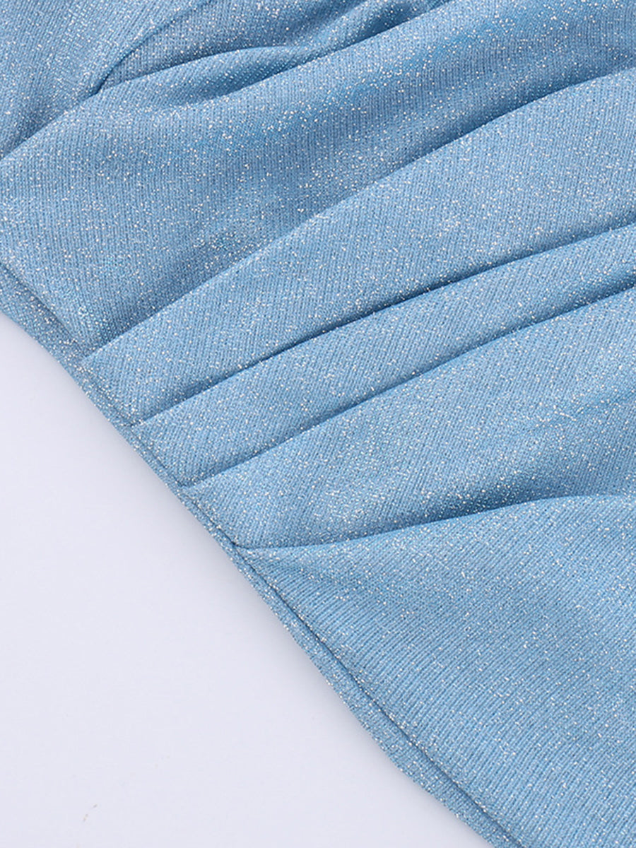 Onbely Robe de soirée longue et moulante brillante paillette à fines brides bleue