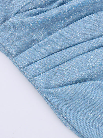 Onbely Robe de soirée longue et moulante brillante paillette à fines brides bleue