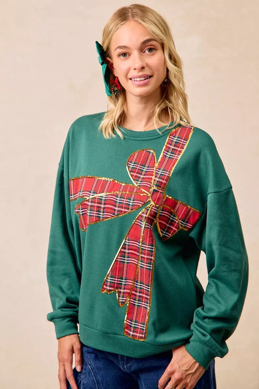 Sweat de Noël en polaire à ruban écossais et nœud décoratif